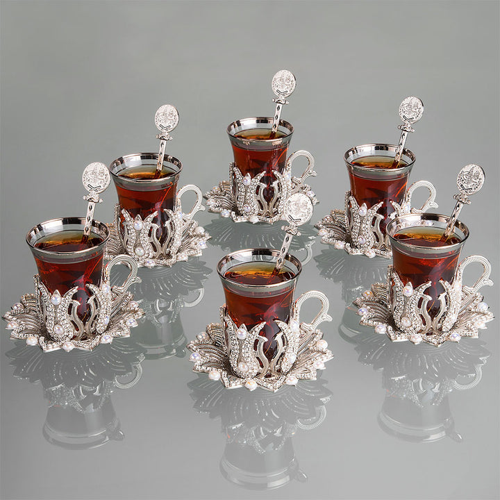 Tea Glasses Set of 6 with Pearl and Swarovski, 24 Pcs