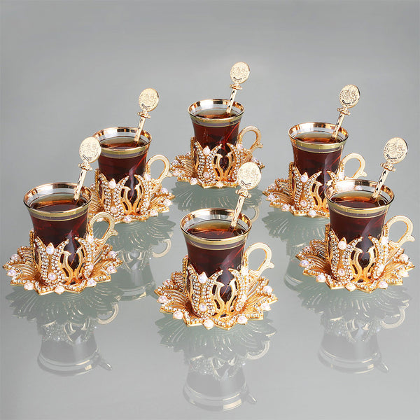 Tea Glasses Set of 6 with Pearl and Swarovski, 24 Pcs