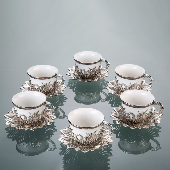 White Coffee Espresso Cups Set of 6, Silver, 18 Pcs, 4 oz