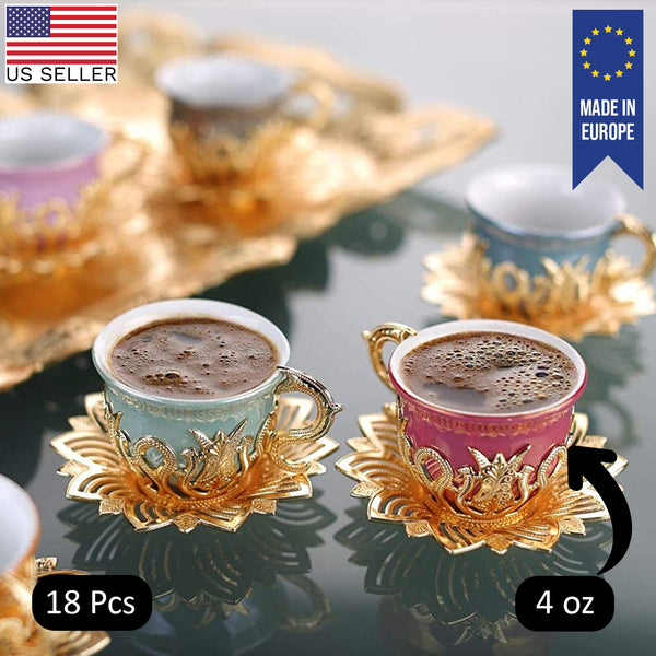 Ahsen Turkish Colorful Coffee Cup Set of 6, 18 Pcs, Gold