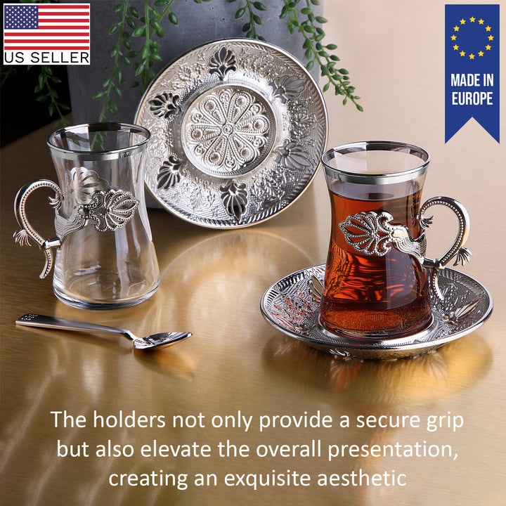 Sefa Turkish Tea Glass Set of 6 with Saucers and Holders