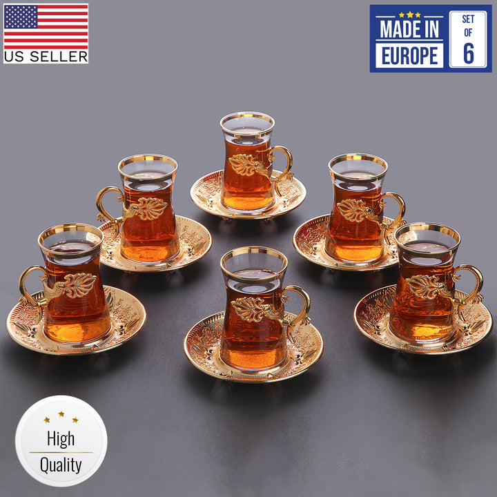 Sefa Turkish Tea Glass Set of 6 with Saucers and Holders