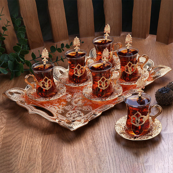 Turkish Tea Glasses Set of 6 with Saucers, Tray, Spoons