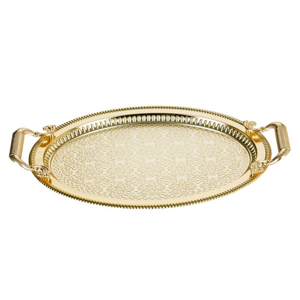 Decorative Oval Embossed Big Serving Tray with Gold Handles
