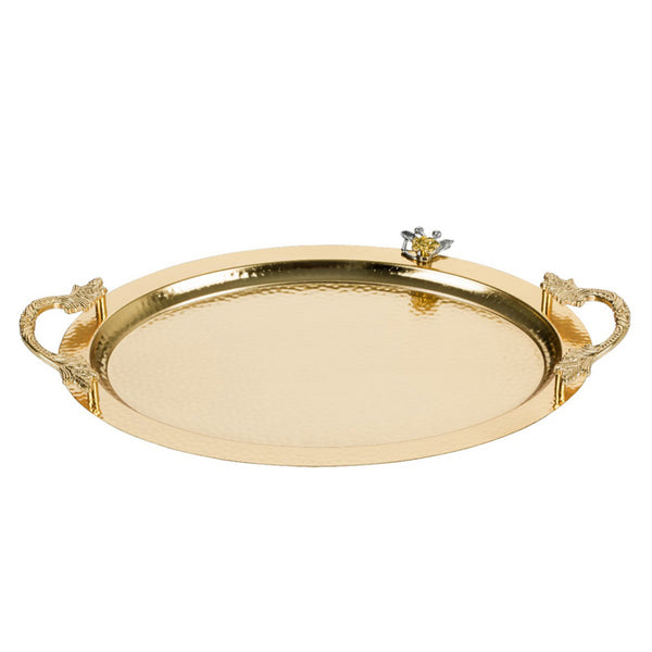 Ornamental Big Oval Gold Serving Tray with Handles, 19x13 in
