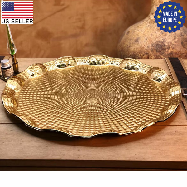 Round Embossed Design Anti Tarnish Serving Tray, Gold&Silver