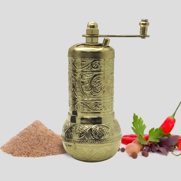 Salt and Black Pepper Grinder, Refillable Spice Grinder, Authentic Vintage Turkish Pepper Mill Decorative, 4.2 in, Bright Gold