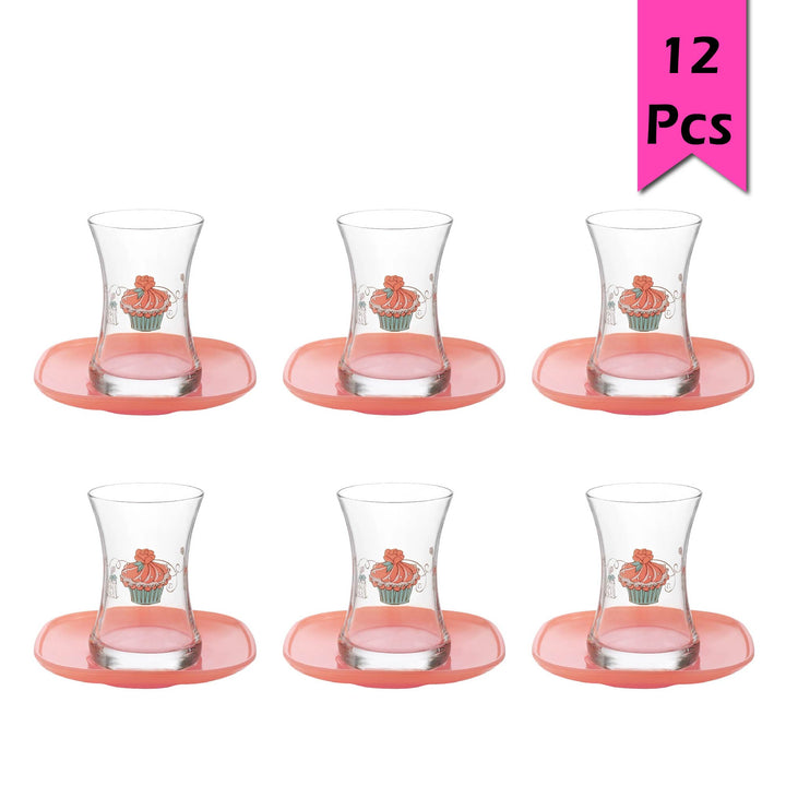 Decorated Glass Turkish Teacups and Plates, 12 Pcs, 4.25 Oz