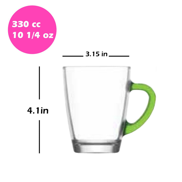 Lav Glass Mug Set of 6 with Colorful Handle, 10.25 Oz (300cc)