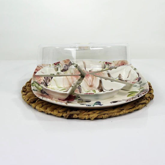 Ceramic Divided Serving Dishes with Lid and Tray, 7 Pcs