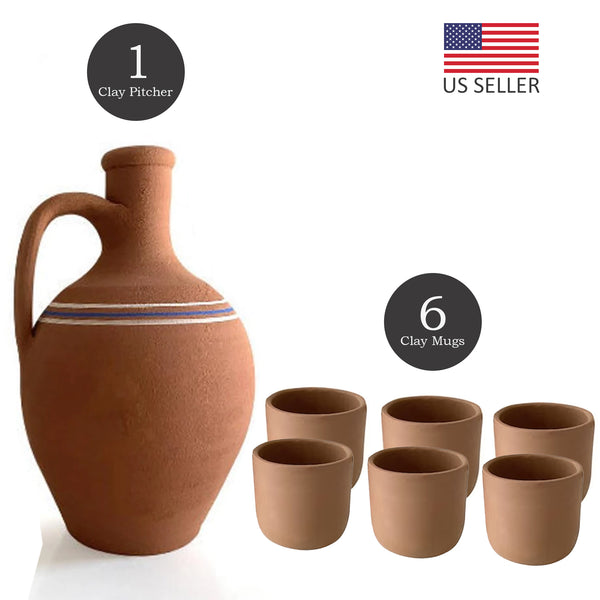Handmade Clay Water Pitcher with 6 Clay Cups, Water Carafe