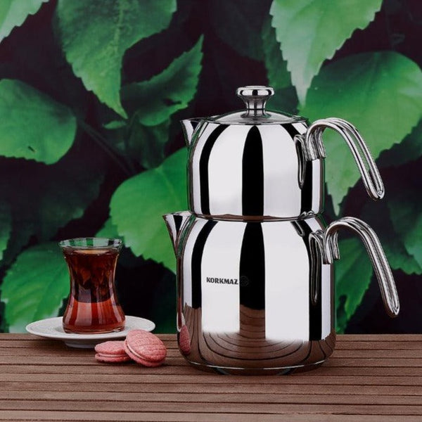 Korkmaz Alia Turkish Teapot Set for Stovetop, Stainless Steel Double Tea Maker