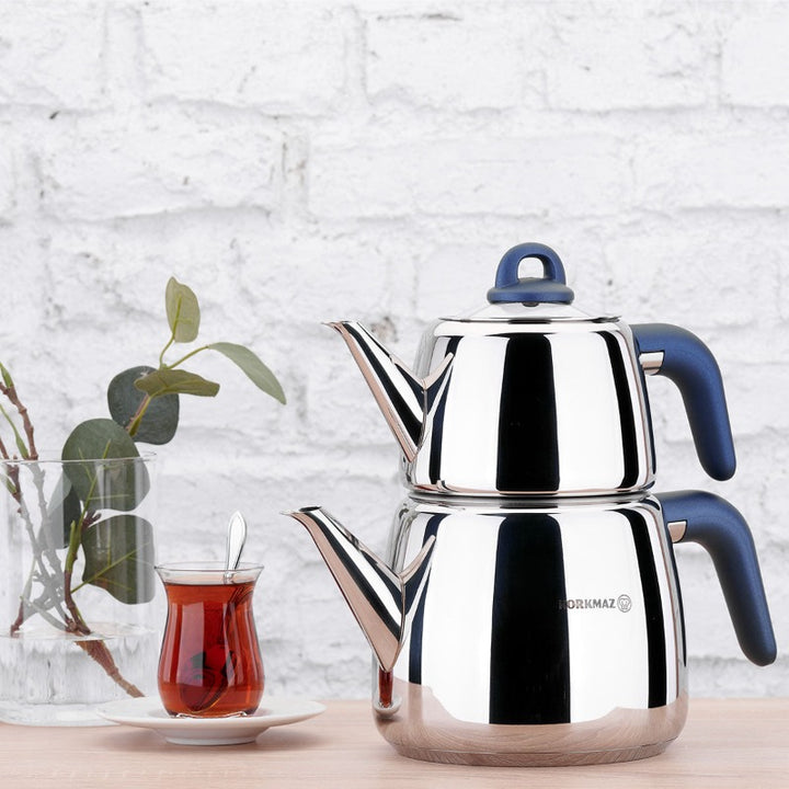 Korkmaz Bella Nora Turkish Teapot Set for Stovetop, Stainless Steel Double Tea Maker
