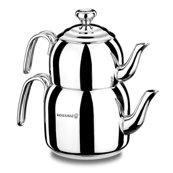 Korkmaz Droppa Turkish Teapot Set, Stainless Steel Double Tea Maker