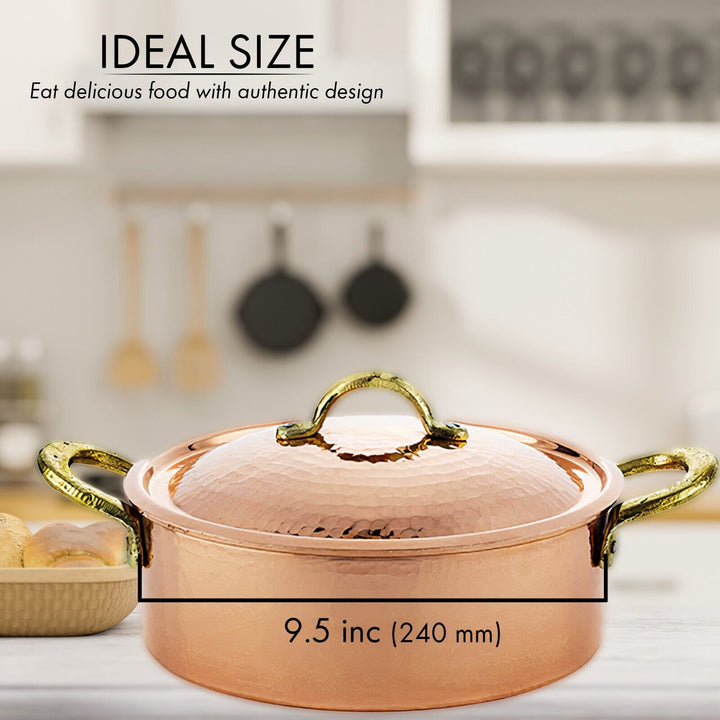 Handmade Pure Copper Casserole Pot with Lid, 9.5 in