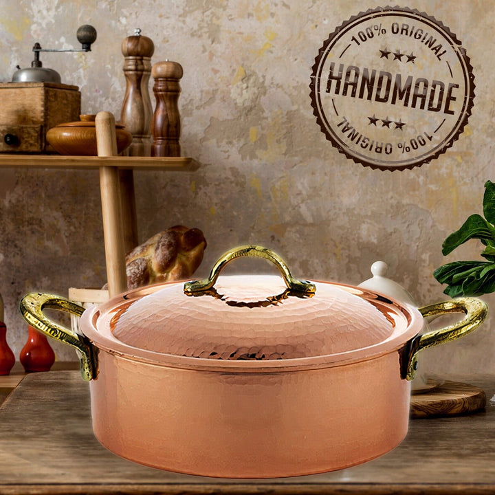 Handmade Pure Copper Casserole Pot with Lid, 9.5 in
