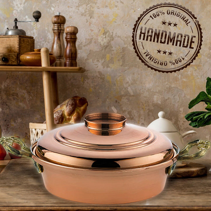 Handmade Copper Low Casserole Pot with Lid, 9.5 in