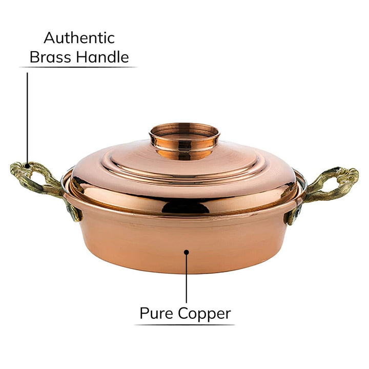 Handmade Copper Low Casserole Pot with Lid, 9.5 in