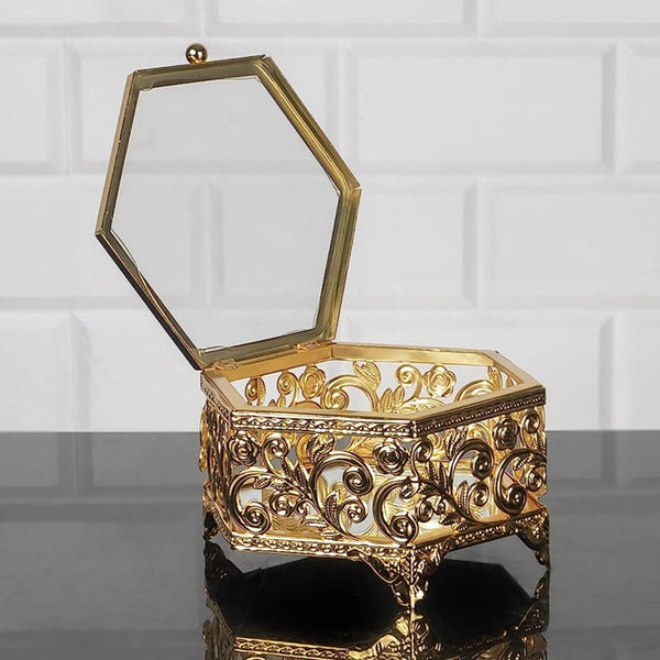 Handmade Jewelry Boxes for Women, Hexagon Metal Treasure Chest Box