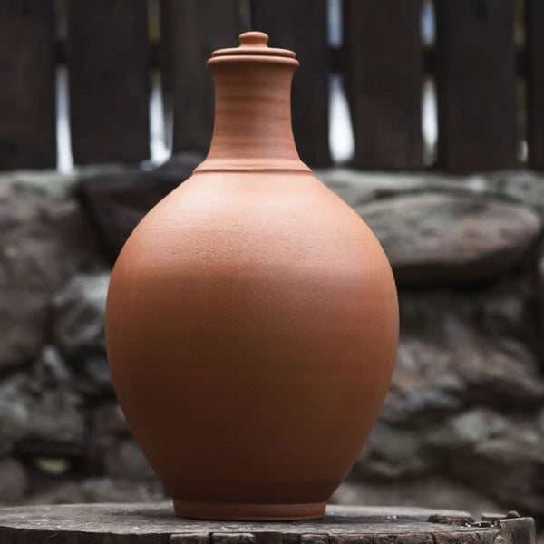 Handmade Traditional Natural Unglazed Clay Pitcher with Lid